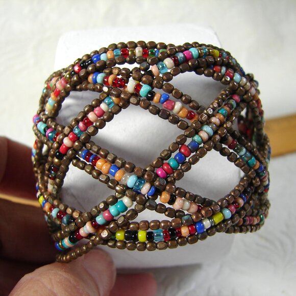 Vtg Criss Cross Wire & Bead 2" Cuff BRACELET, Bronze & Multicolored G26L - Picture 4 of 9